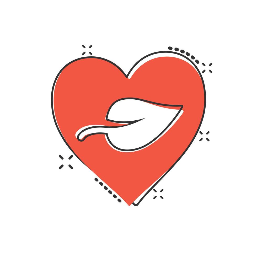 Heart and leaf icon in comic style. Vegan friendly cartoon vector illustration on white isolated background. Nature love splash effect sign business concept.