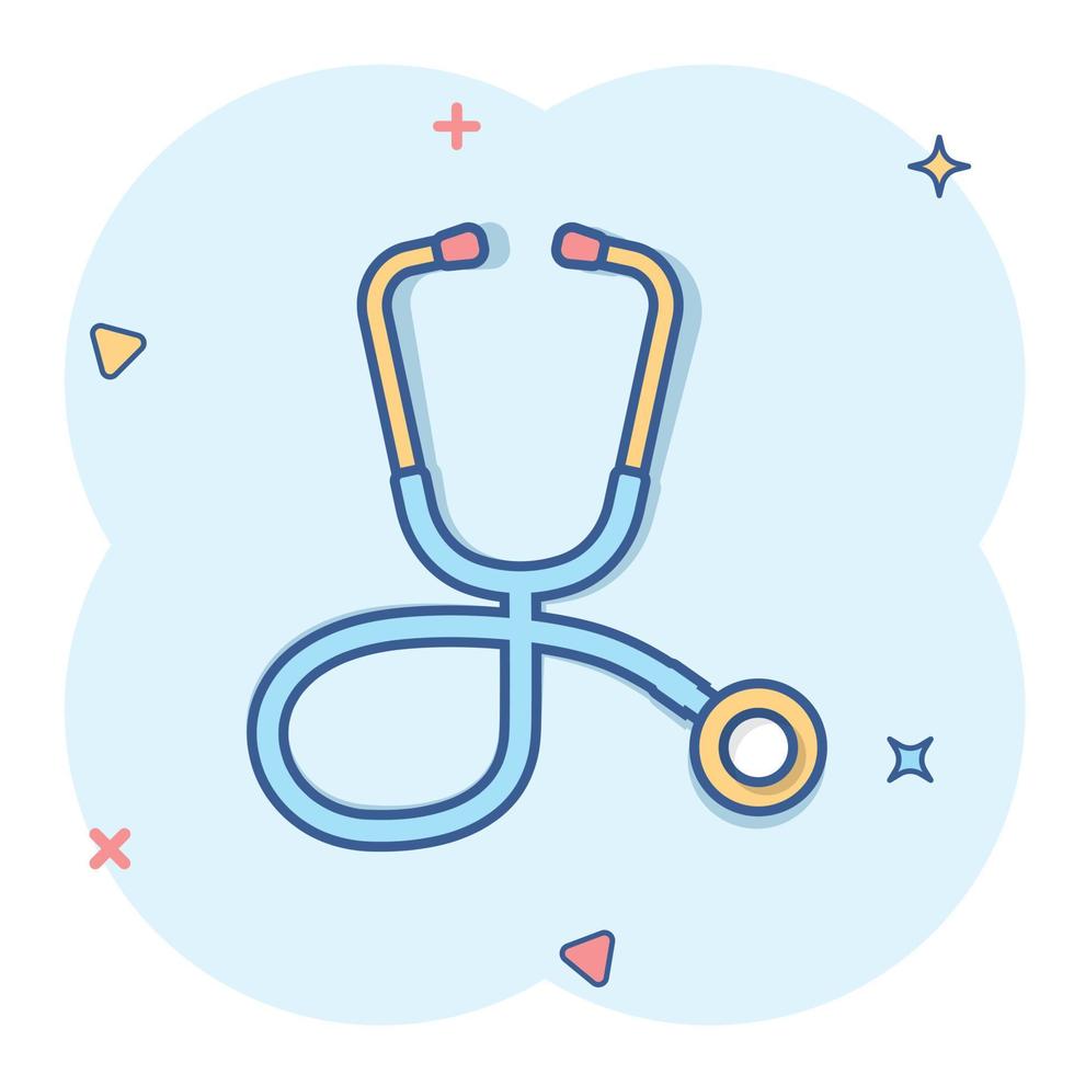 Stethoscope icon in comic style. Heart diagnostic cartoon vector illustration on isolated background. Medicine splash effect sign business concept.