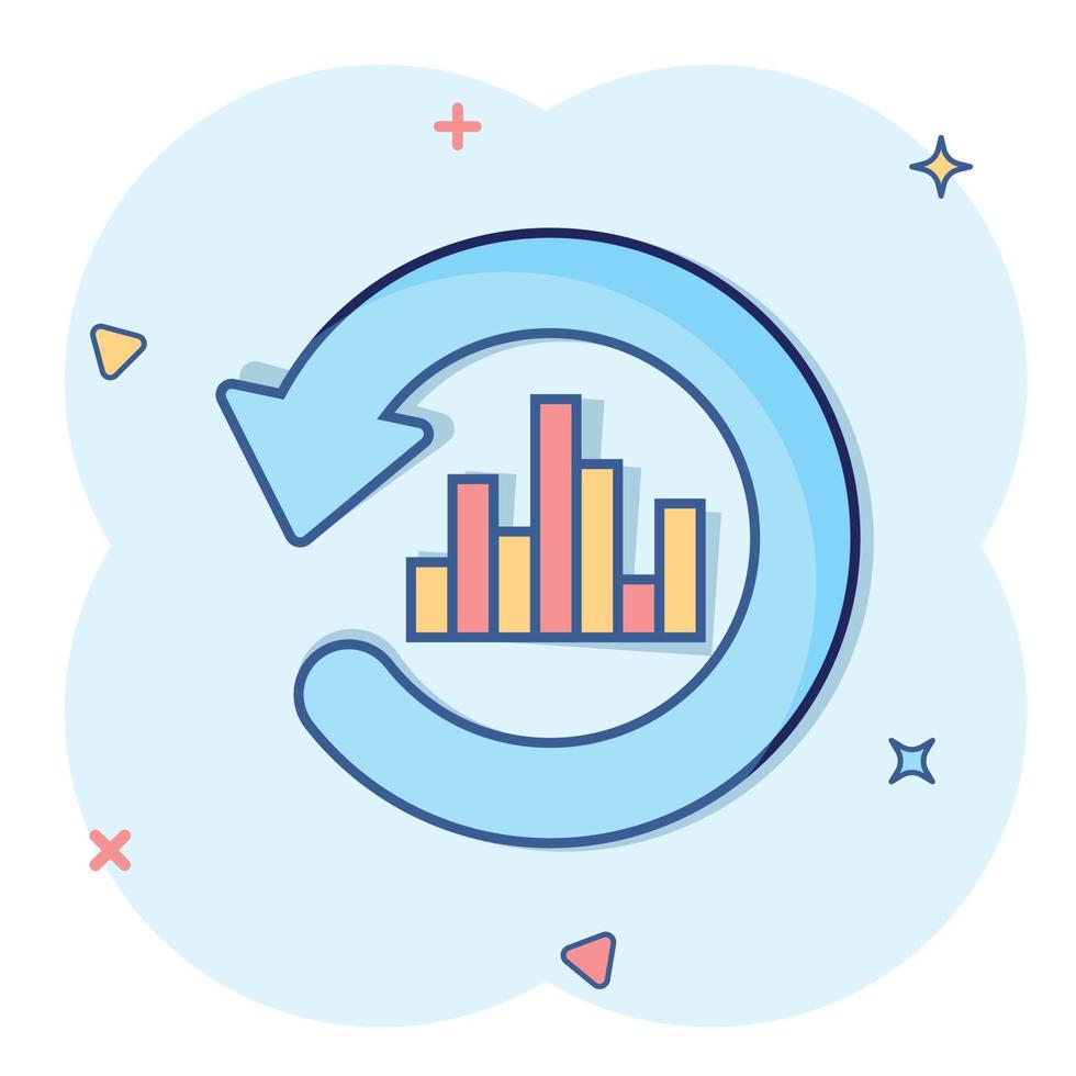 Growing bar graph icon in comic style. Increase arrow cartoon vector illustration on white isolated background. Infographic progress splash effect business concept.