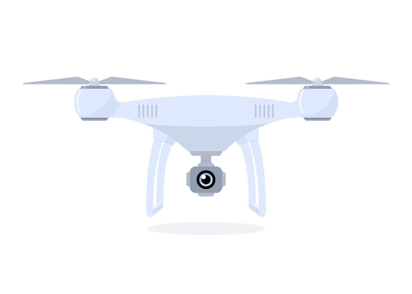 Drone with video camera isolated on white background. Equipment for aerial shots. Vector flat illustration.