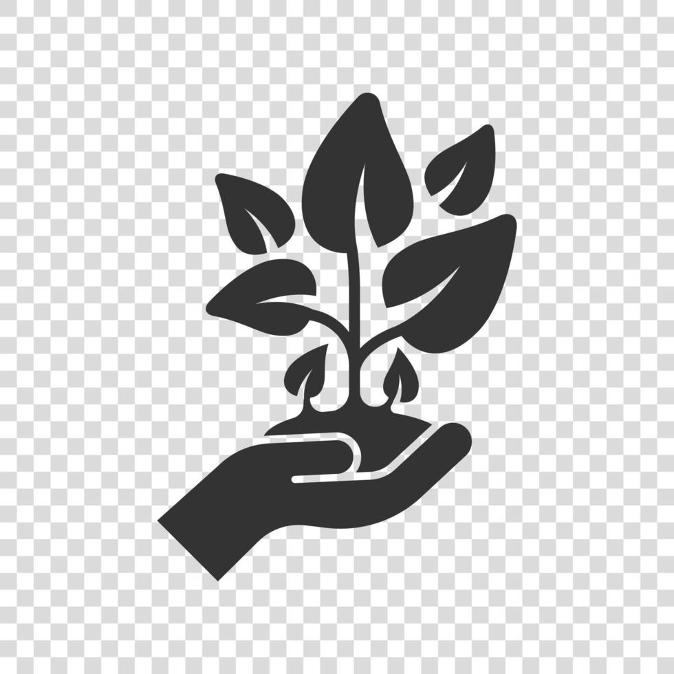 mano con icono de planta en estilo plano. Ilustración de vector de brote de flor sobre fondo blanco aislado. concepto de negocio de signo de protección del medio ambiente.
