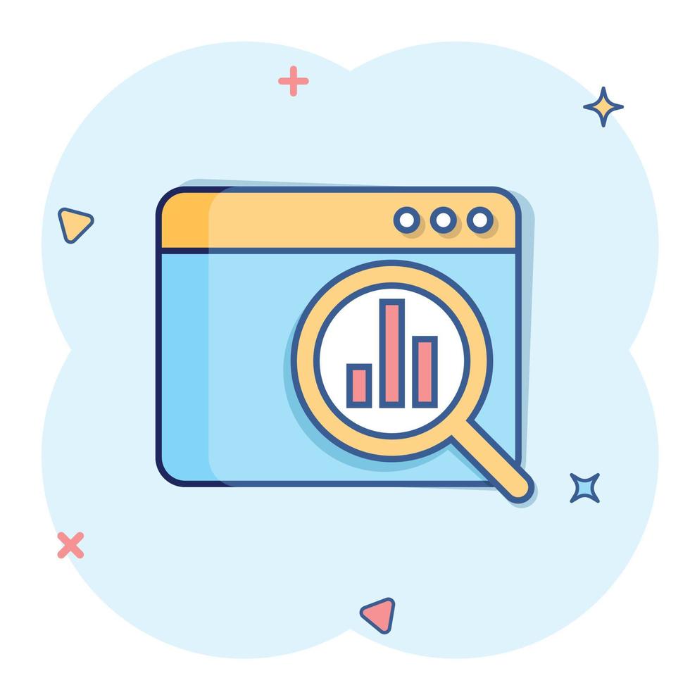 Market trend icon in comic style. Growth arrow with magnifier cartoon vector illustration on white isolated background. Increase splash effect business concept.