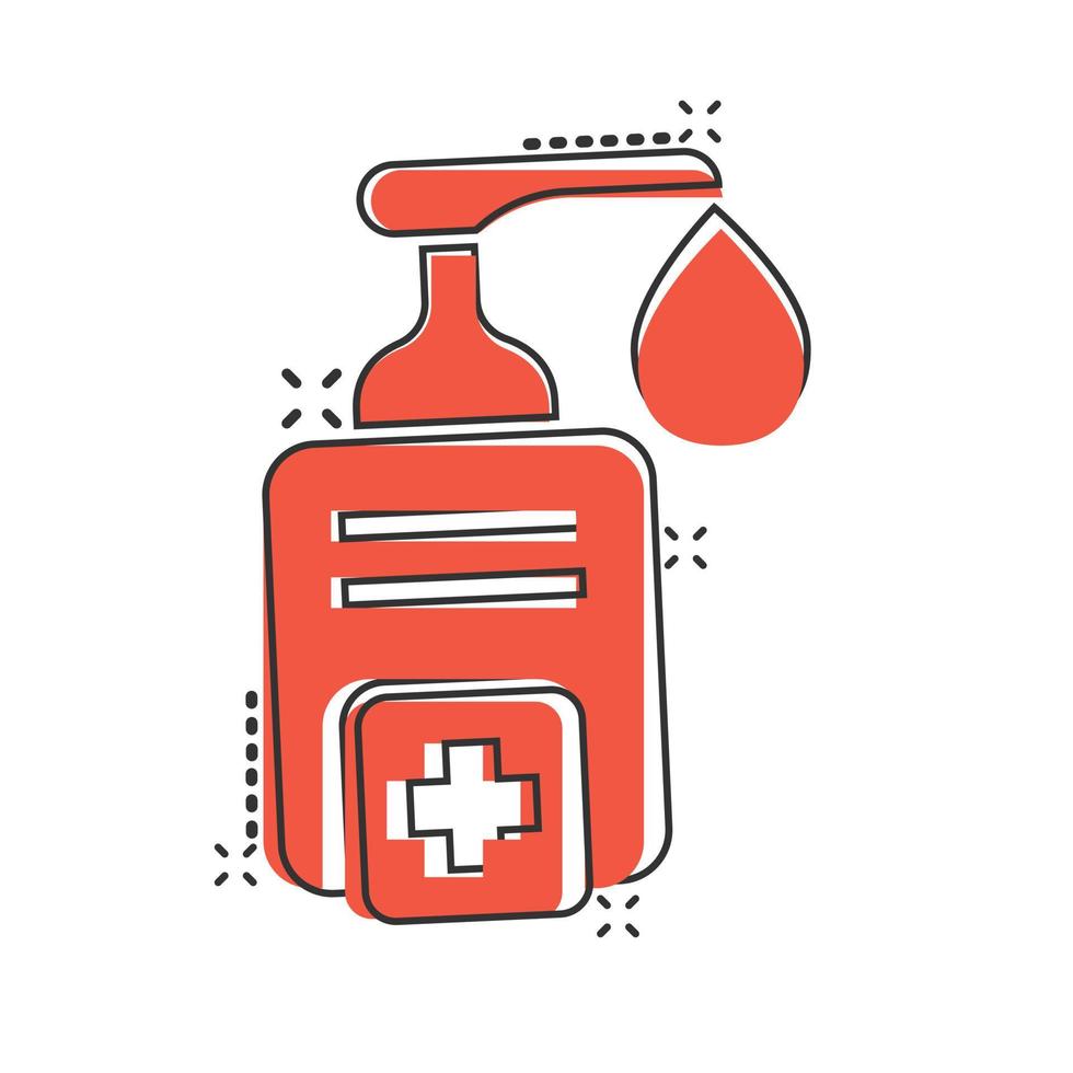 Hand sanitizer icon in comic style. Antiseptic bottle cartoon vector illustration on isolated background. Disinfect gel splash effect sign business concept.