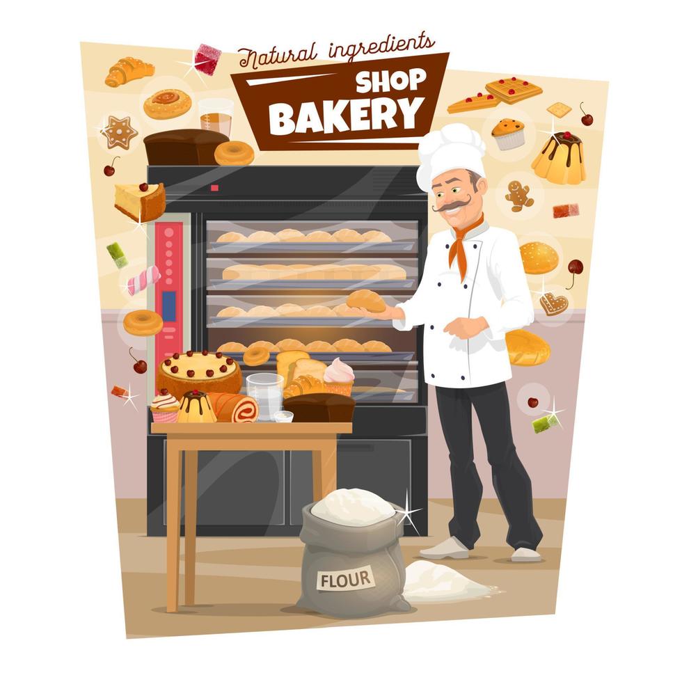 panadería y panadero. pastelería, pan, estufa vector