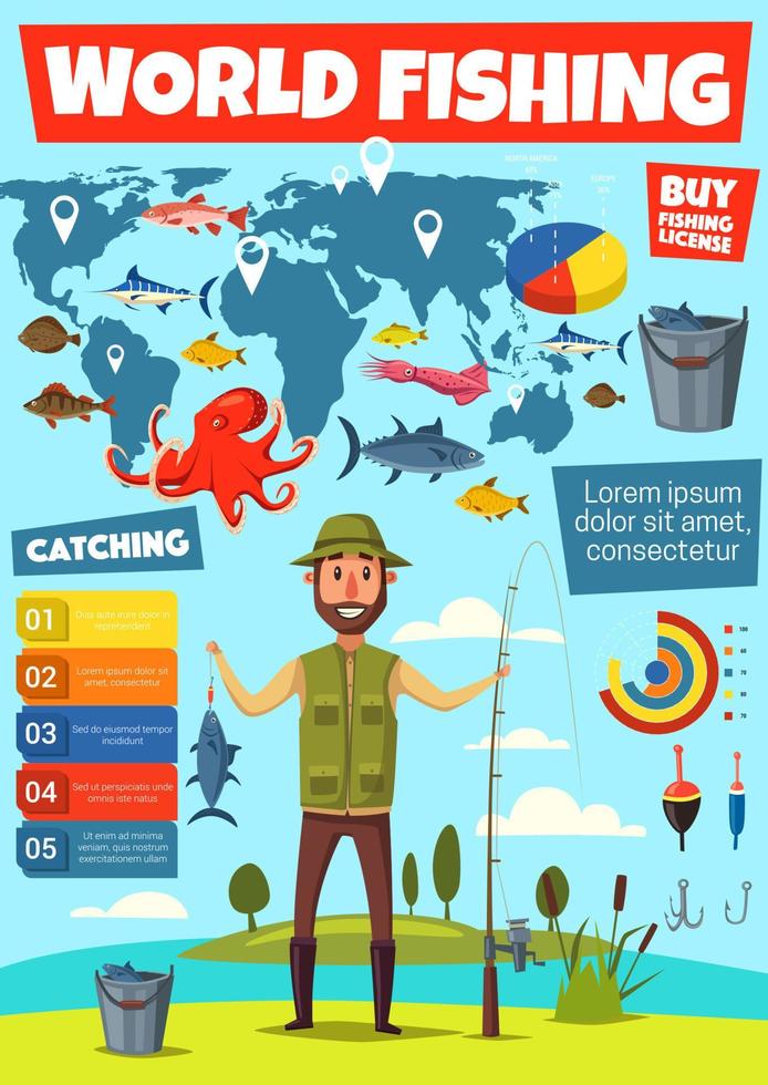 infografía deportiva de pesca con gráfico de captura de peces vector