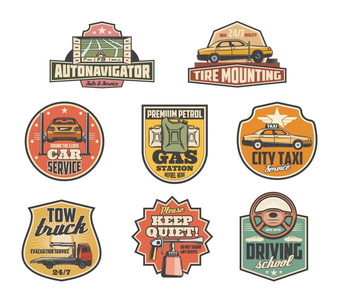 Gas station, mechanic garage and car service icons vector