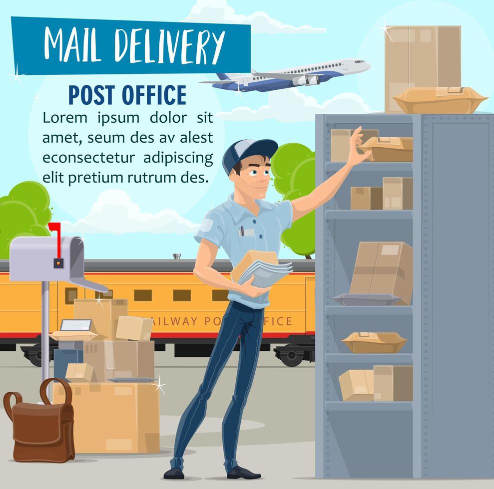 Mail delivery service, mailman and parcel vector