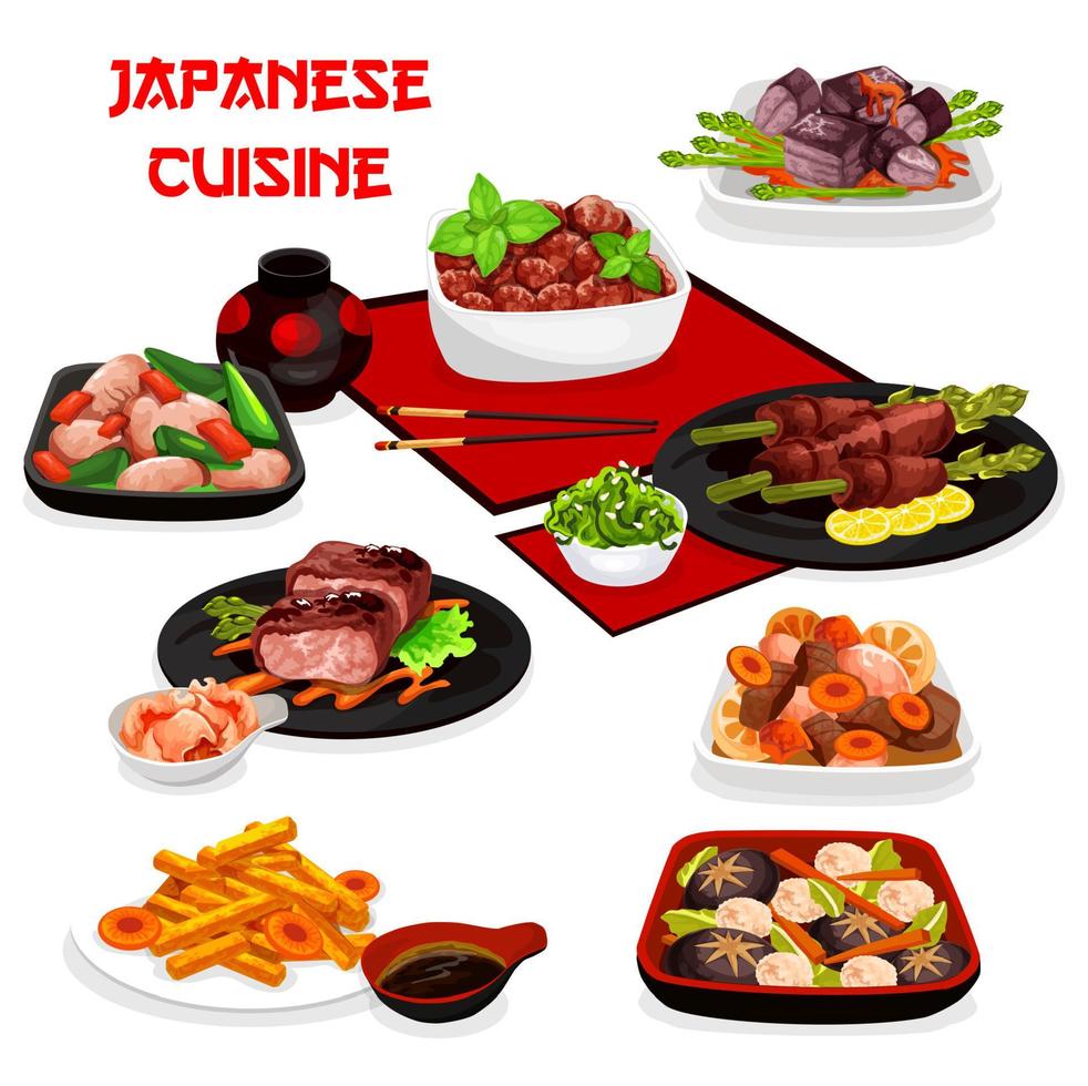 Japanese meat, vegetable dishes with asian sauces vector