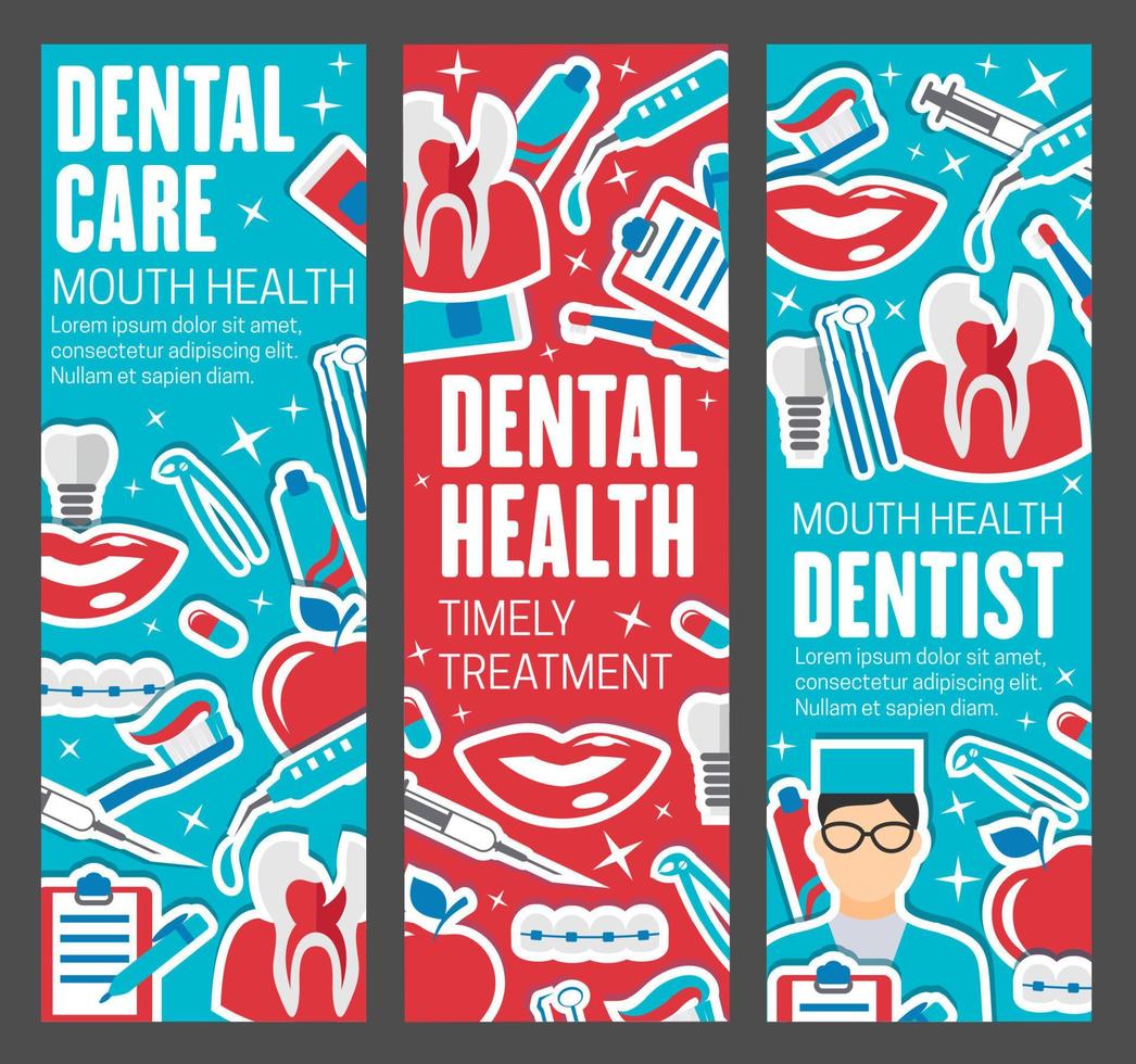 Dentistry banners, doctor and dental care tools vector
