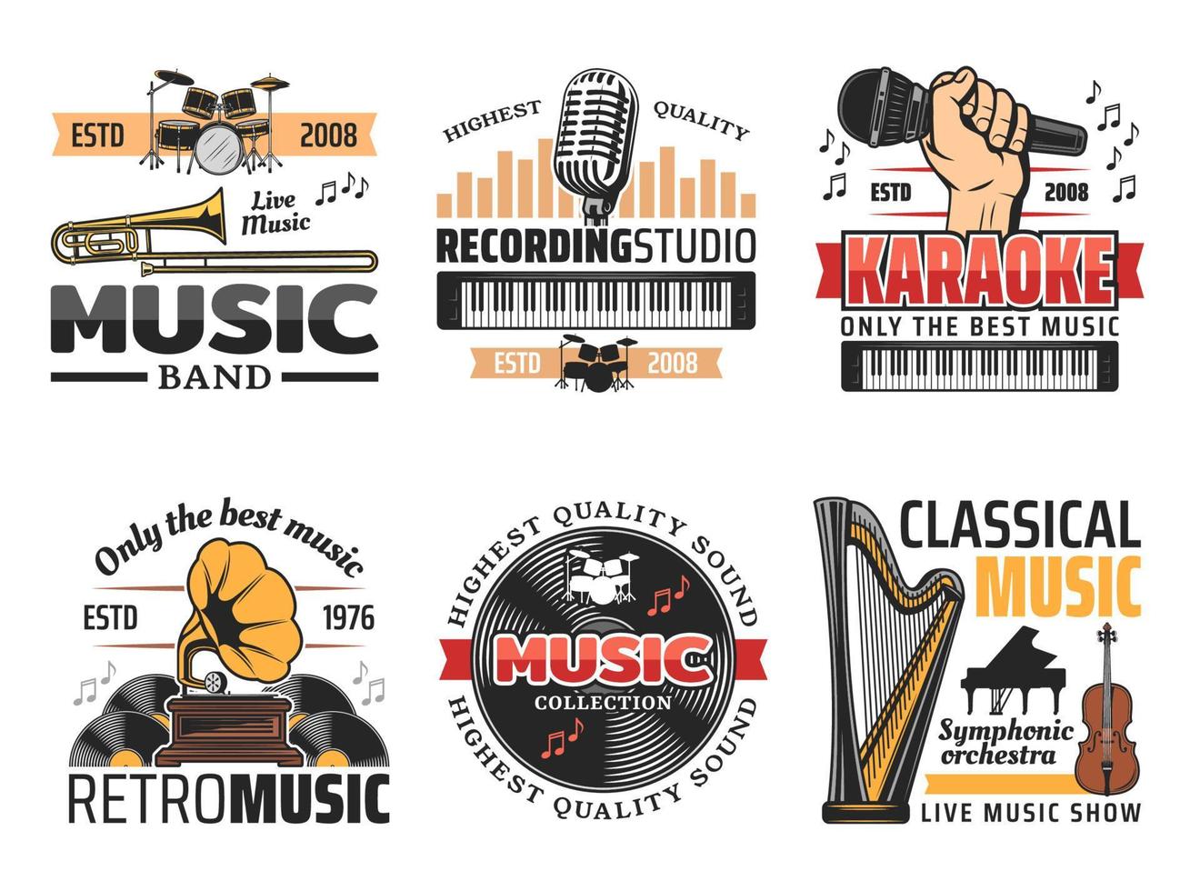 estudio de grabación de música y banda de orquesta iconos retro vector