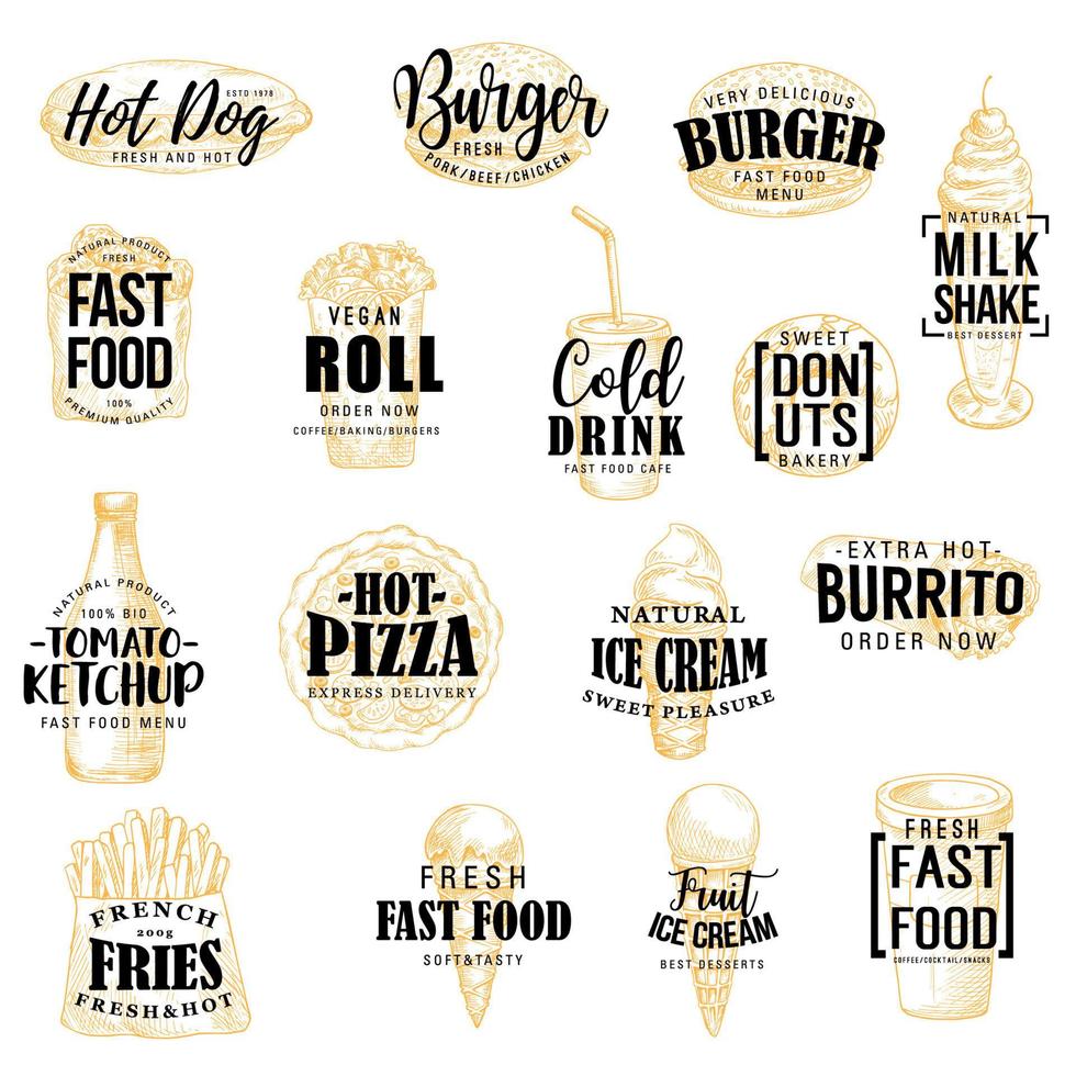 Fast food icons with lettering vector