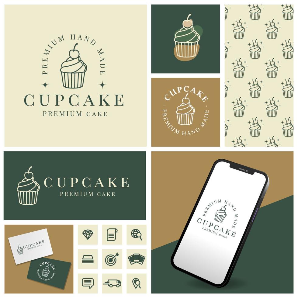 elegante logotipo de cup cake brownies con conjunto de iconos y plantillas vector