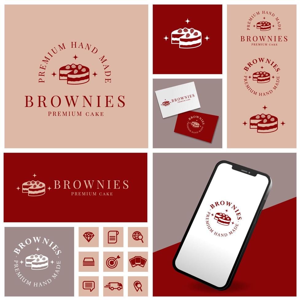 ELEGANT CAKE BROWNIES LOGO WITH ICON AND TEMPLATE SET vector