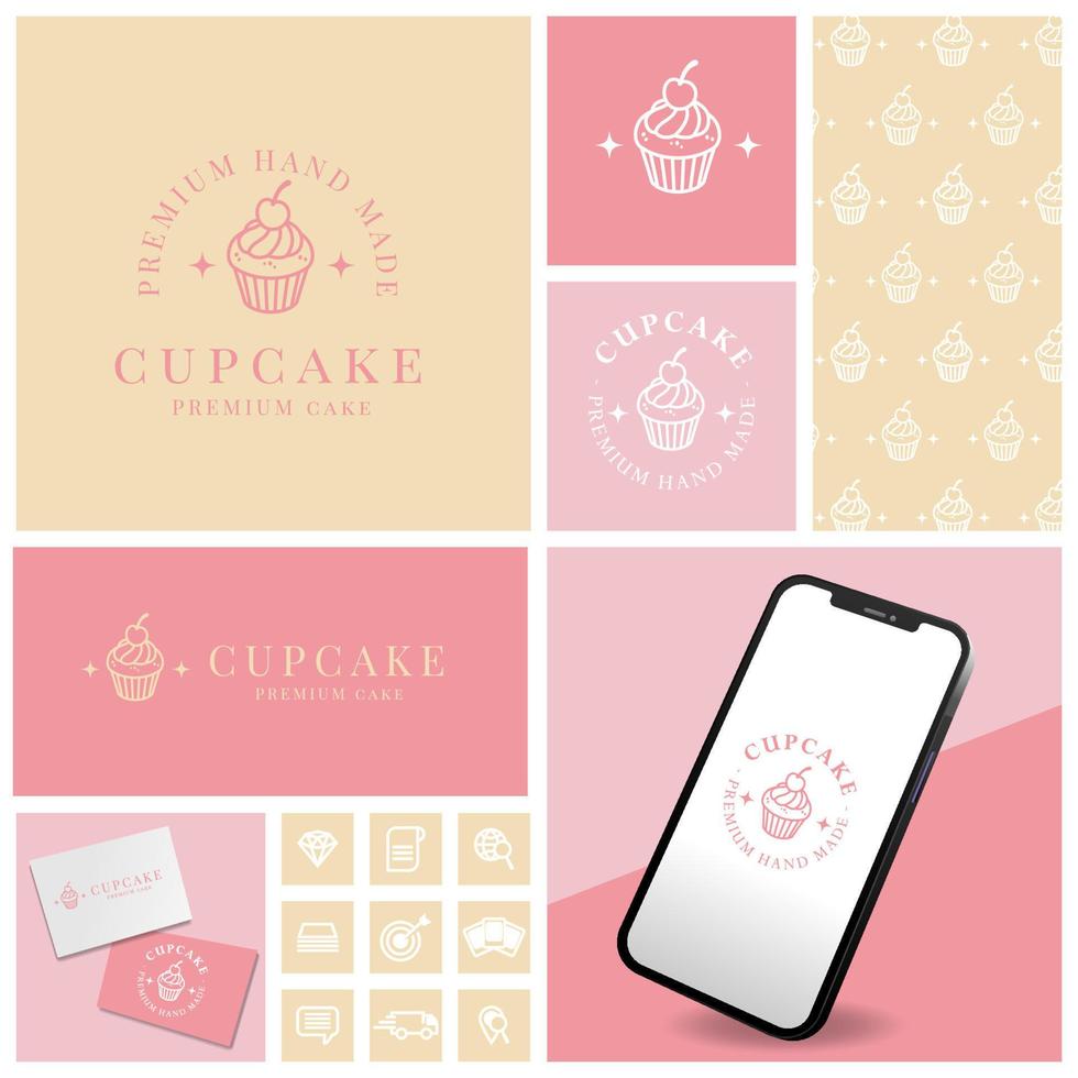 logotipo de brownies de pastel de taza simple con conjunto de iconos y plantillas vector