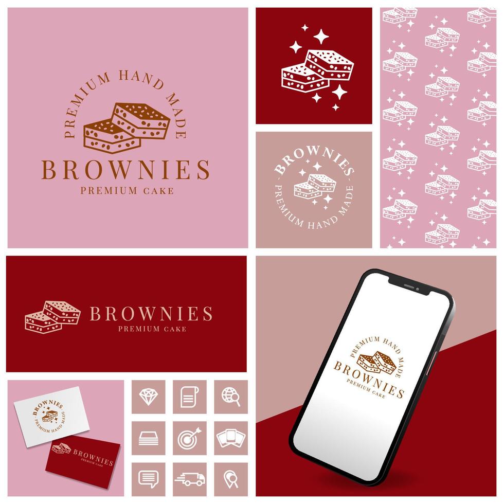 logotipo de brownies de pastel elegante con icono y conjunto de plantillas vector