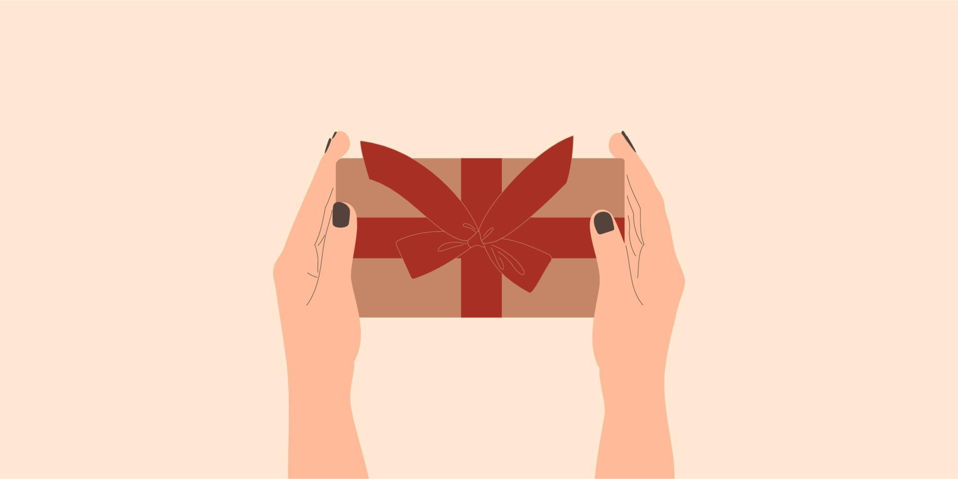 Gift with a bow in female hands. vector