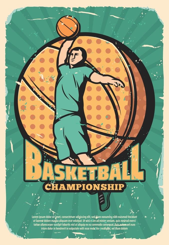 cartel retro de deporte de baloncesto con jugador y pelota vector