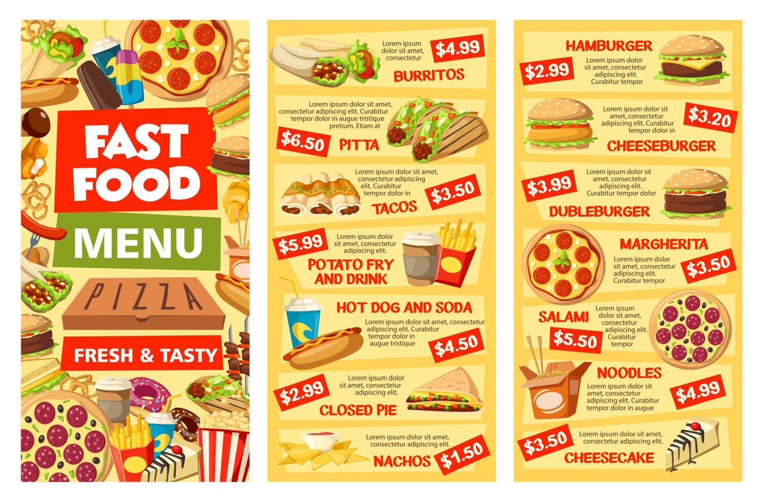 Fastfood menu banners takeaway food and prices vector