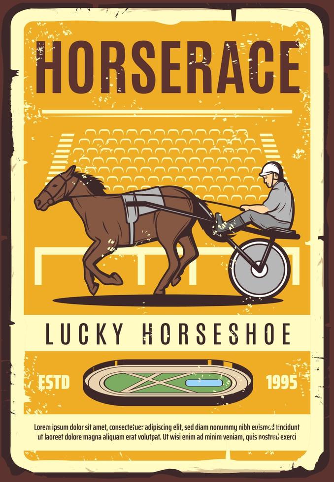 Horse, cart, jockey on hippodrom. Harness racing vector