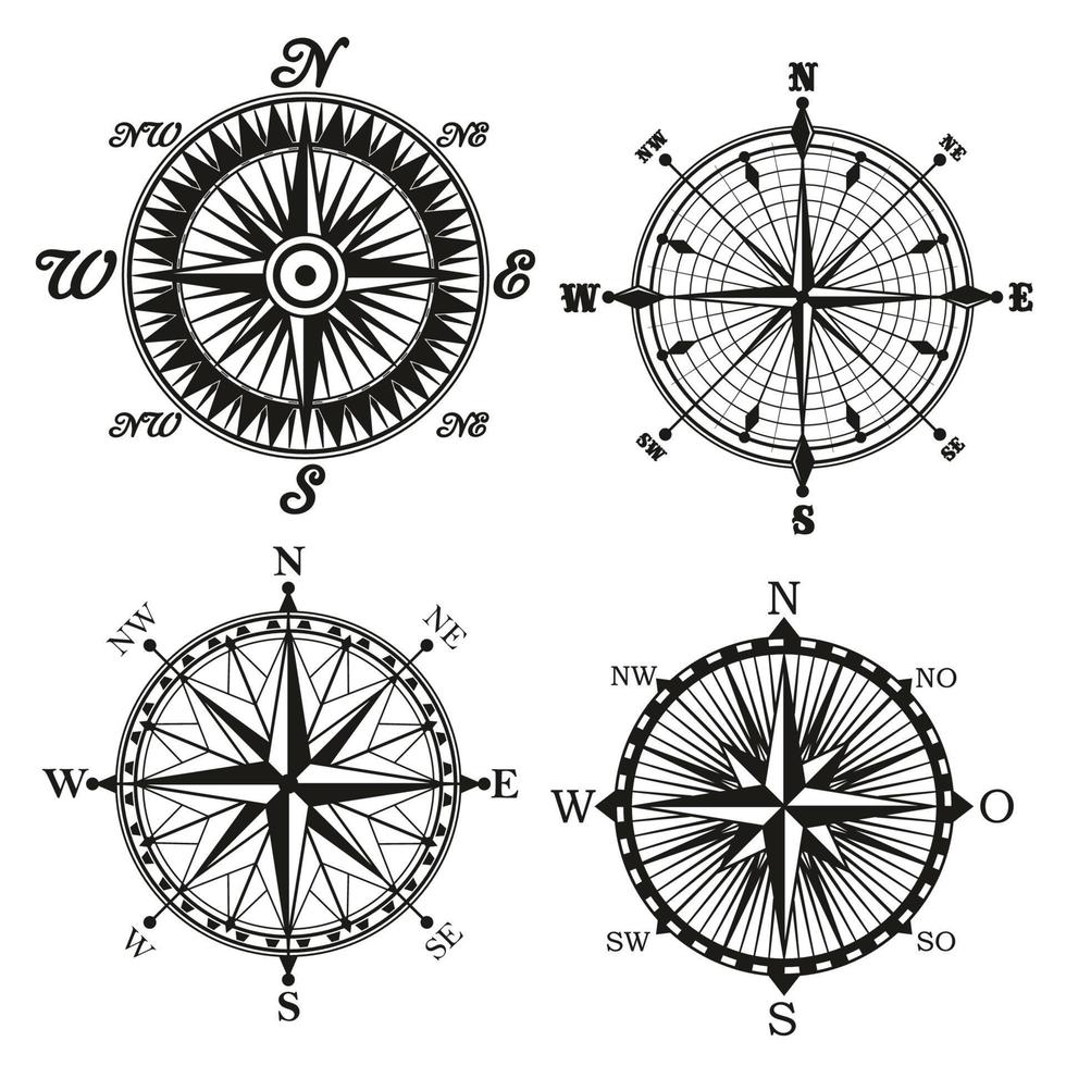 rosa, de, viento, brújula, retor, vector, iconos vector