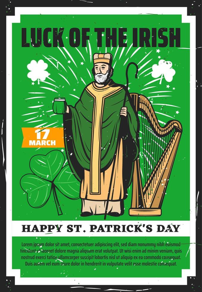 San Patricio irlandés con cerveza y trébol trébol vector