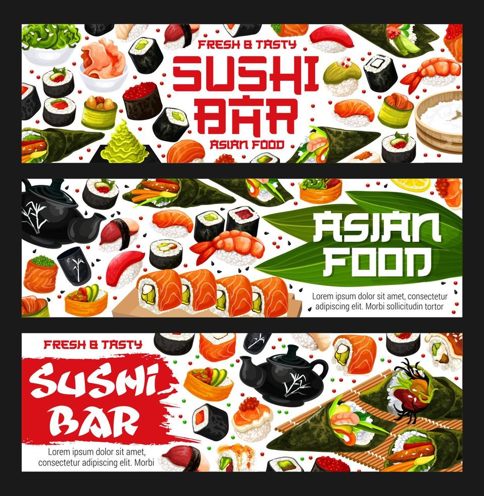 banners de barra de sushi, comida asiática vector