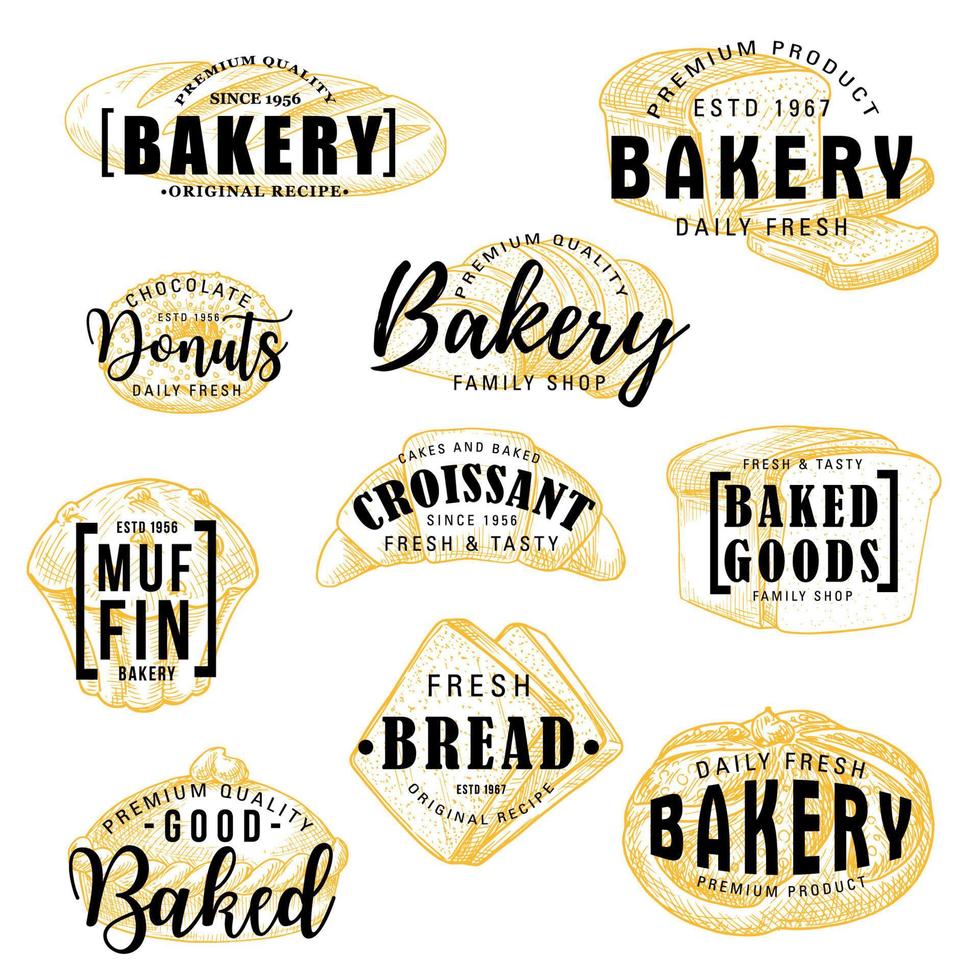 Bakery shop cakes, pastry sketch lettering vector