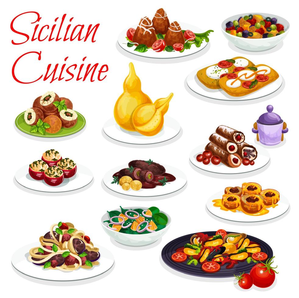 Sicilian veggies seafood dish, pastry dessert vector