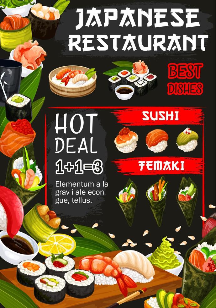 Japanese restaurant poster with seafood raw dishes vector