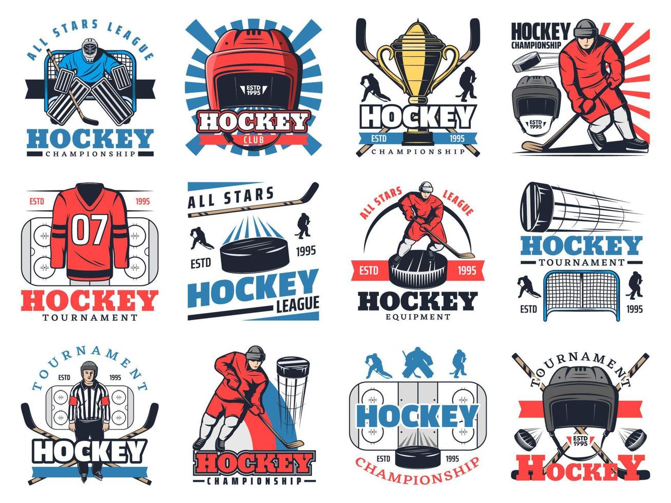 Ice hockey sport championship icons vector