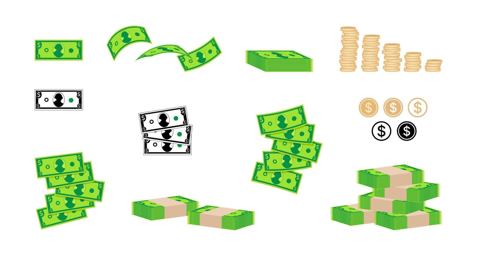 Money symbol icon set. Dollar banknotes and coins vector