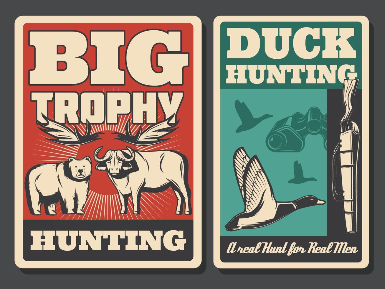 cazando afiches retro, animales salvajes y pájaros. vector