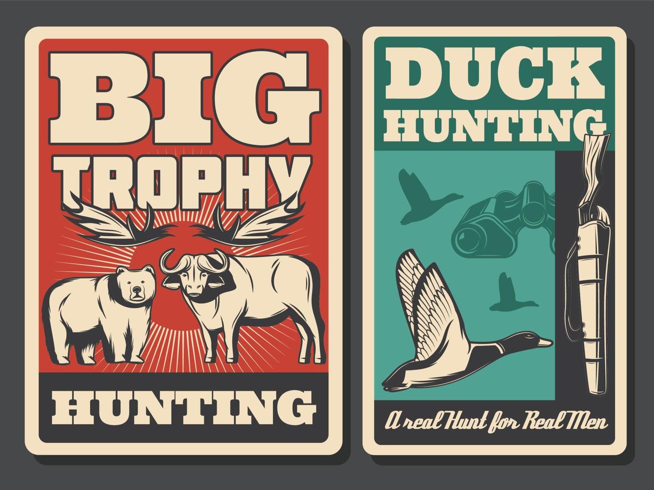 Hunting retro posters, wild animal and bird vector