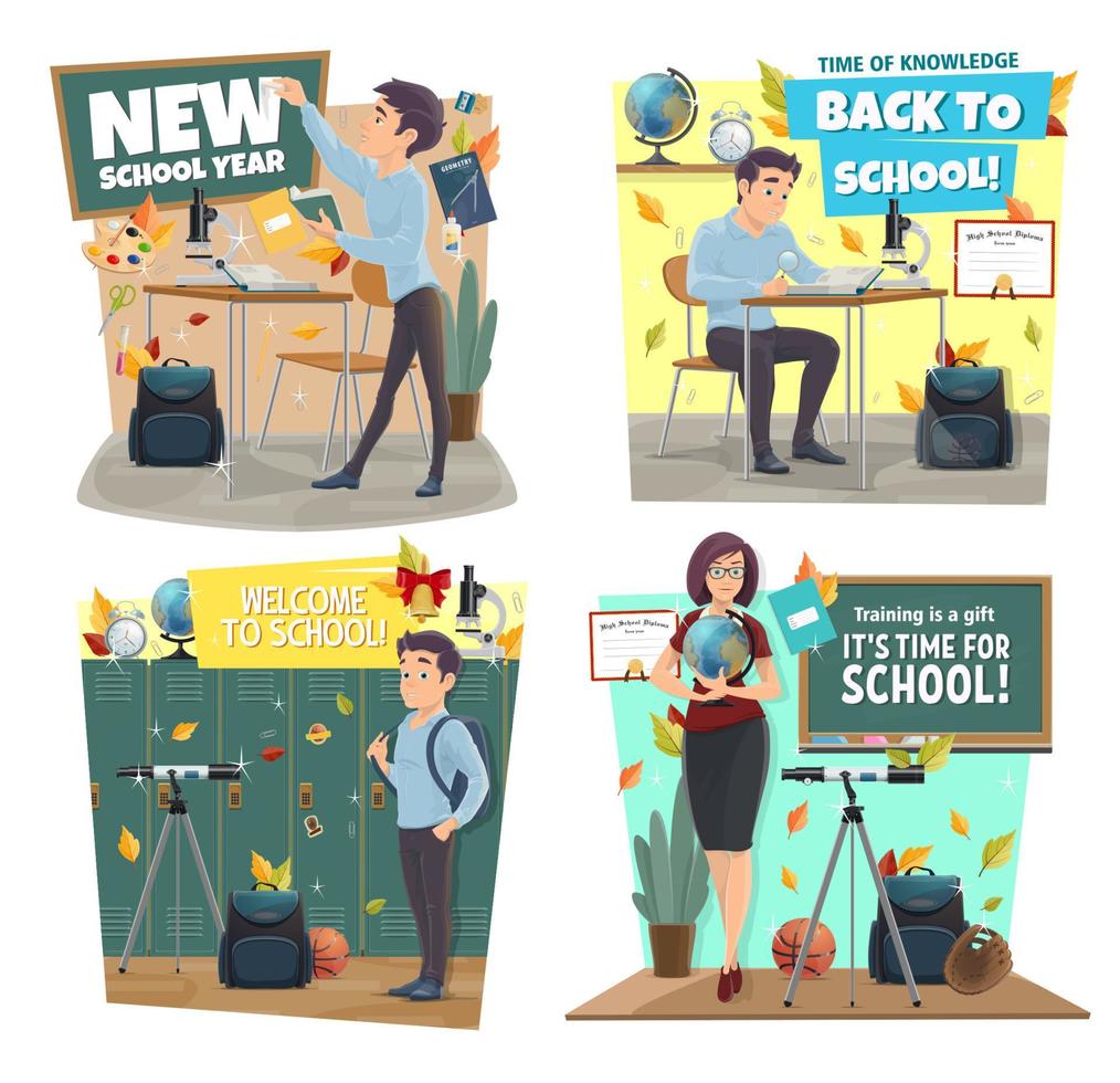 School icons with teacher and student at classroom vector