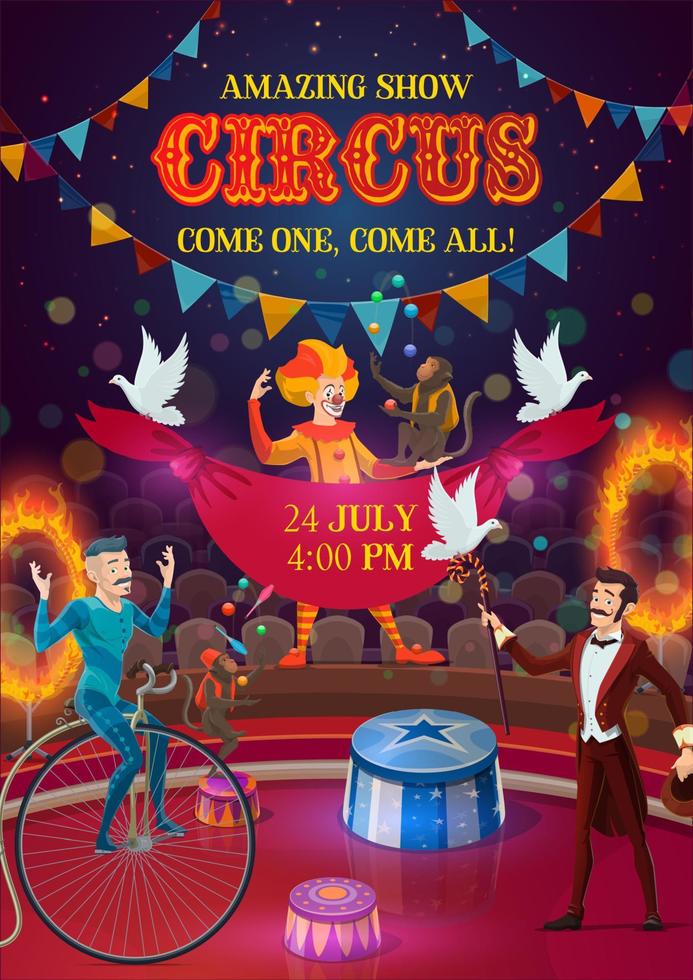 Circus magician, clown, acrobat, jugglers on arena vector