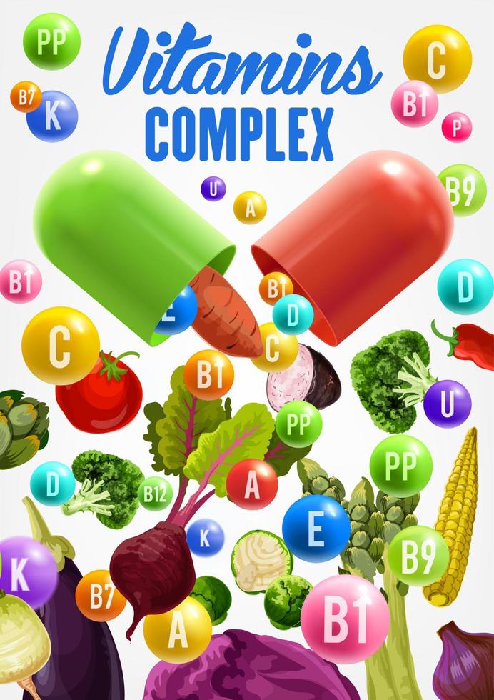 Vitamins and minerals in vegetables. Vegan food vector