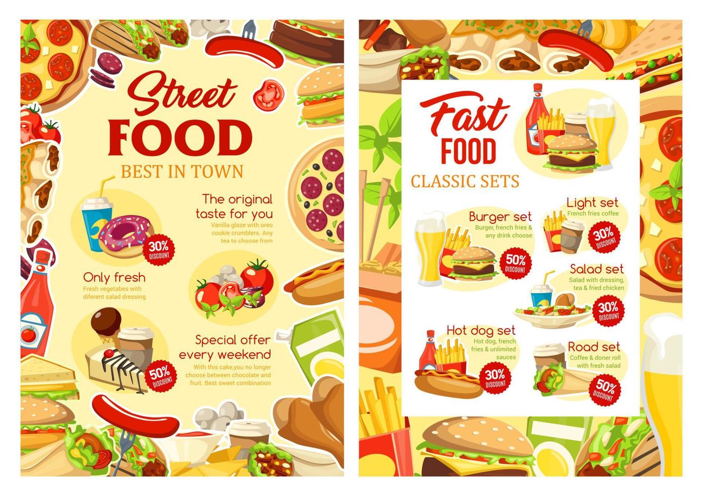 Fast food and street food meals menu vector
