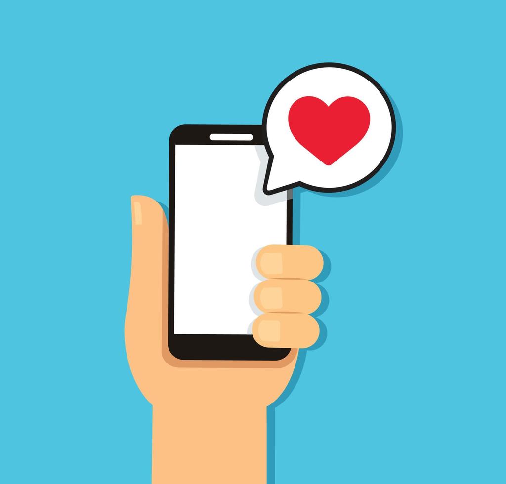 Hand holding smartphone with heart bubble chat vector