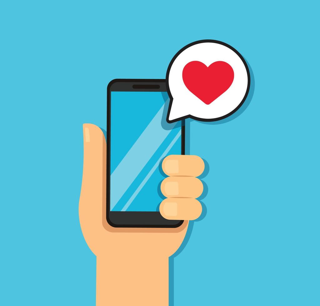 Hand holding smartphone with heart bubble chat vector