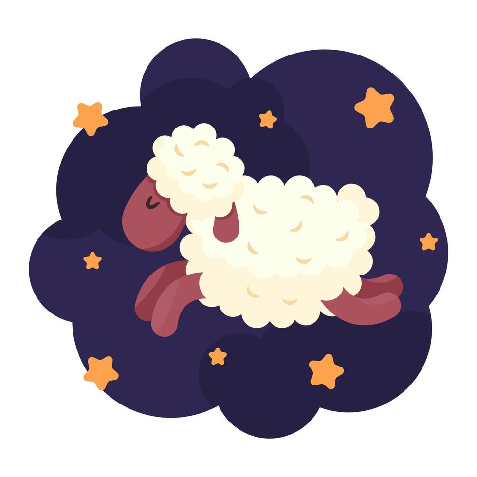 Sheep in jumping pose on night background with stars. Count sheeps jumping over the fence before bed. Funny lambs. Dream, relax, counting, insomnia, baby sleep, sleeplessness. vector