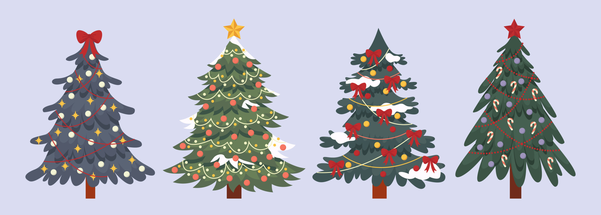 Set of decorated christmas fir, pine trees. Colorful retro xmas trees