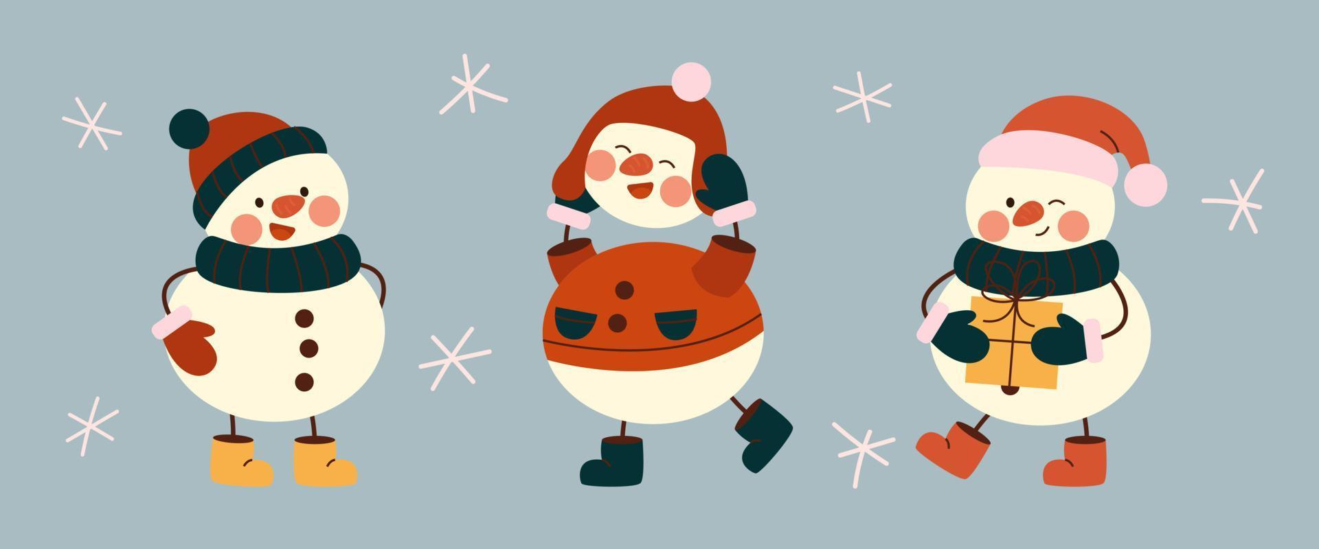 Set of cute christmas snowmens in warm hats, scarves, mittens. Cheerful snowmen in different costumes with gift and legs in boots. Winter holidays snow men. Merry Xmas. vector