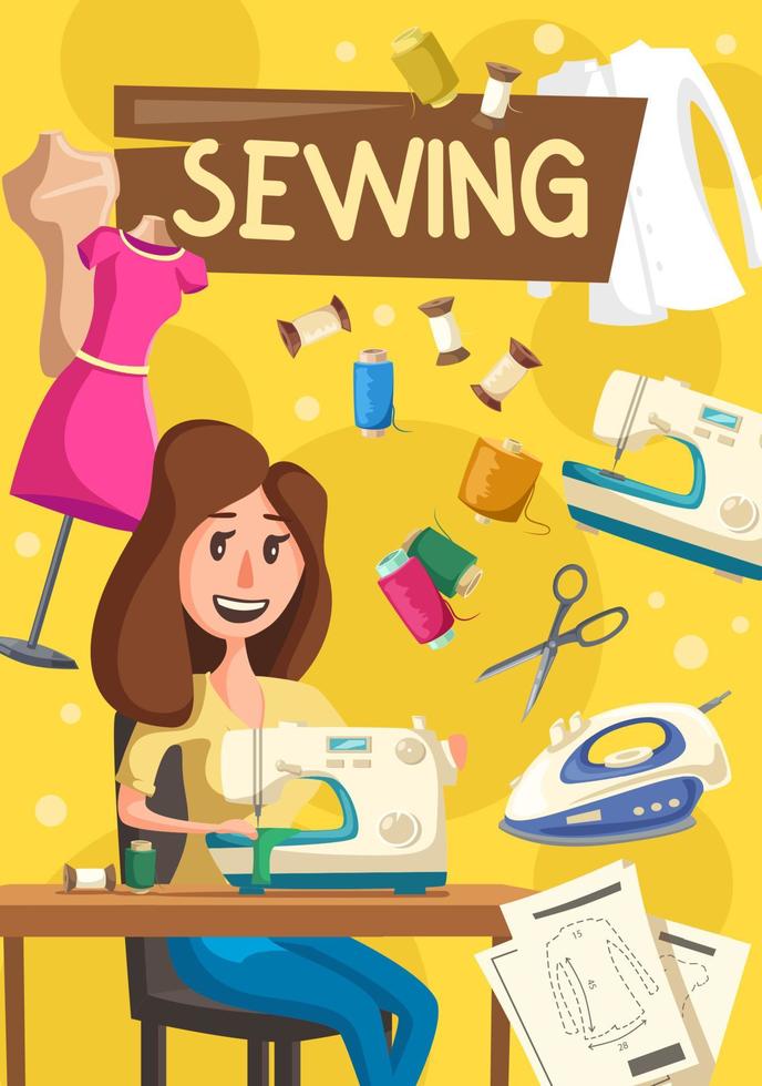 Sewing items and tools, seamstress woman vector