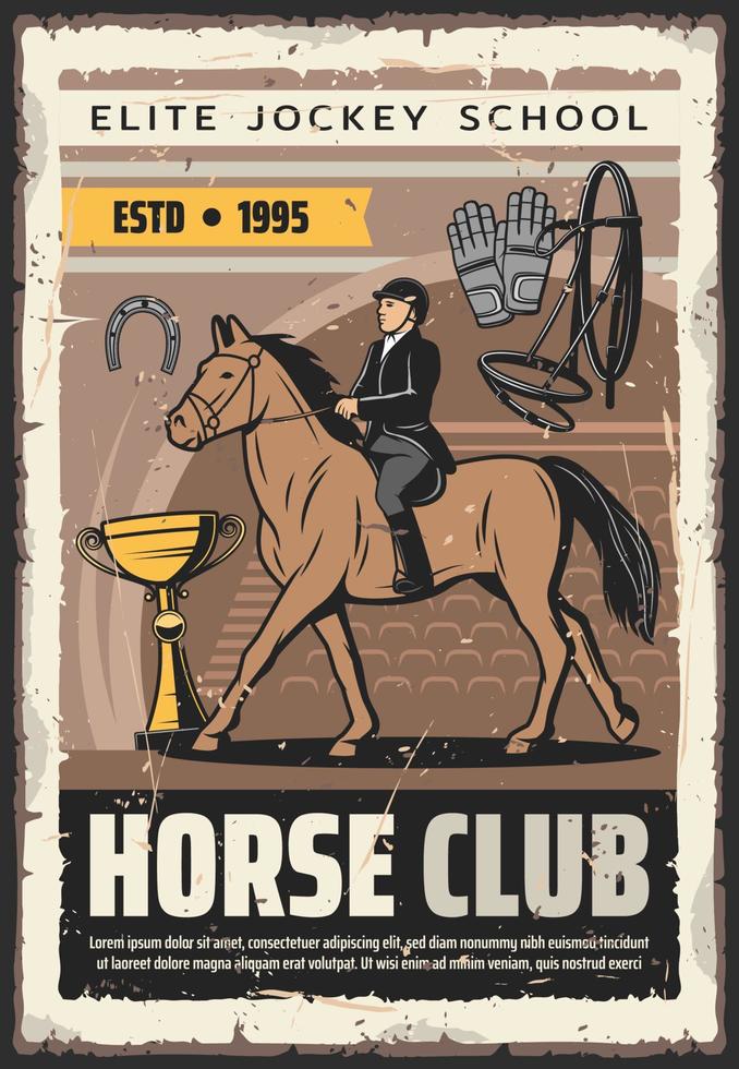 Elite jockey sport school. Horse rider poster vector