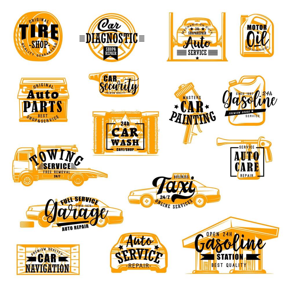 Car service vector isolated icons, lettering