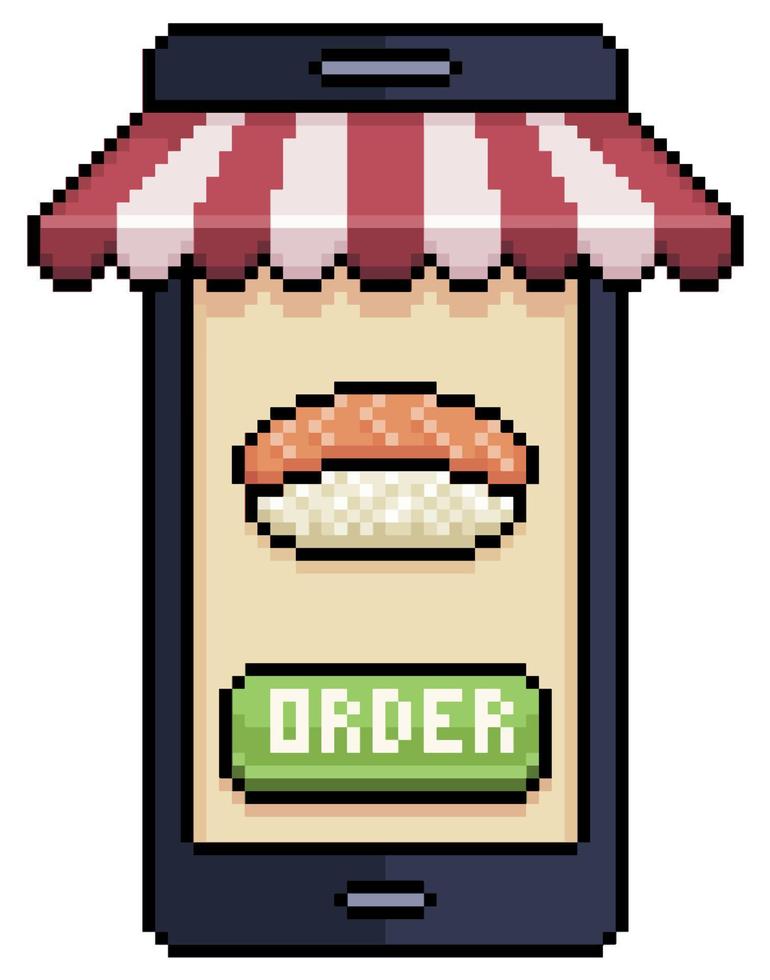 Pixel art mobile phone ordering sushi in food app vector icon for 8bit game on white background