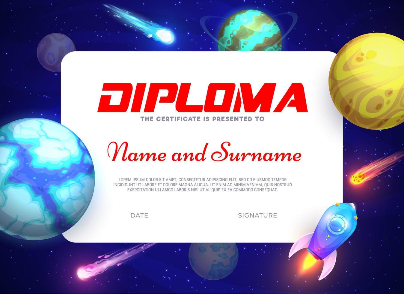 Kids diploma with cartoon space planets and rocket vector
