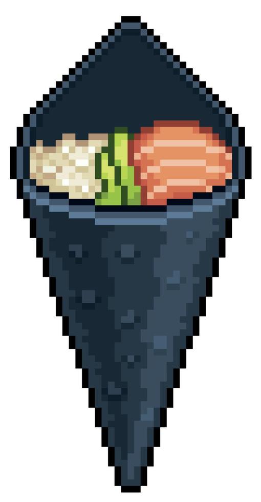 pixel art temaki sushi, icono de vector de comida japonesa para juego de 8 bits sobre fondo blanco
