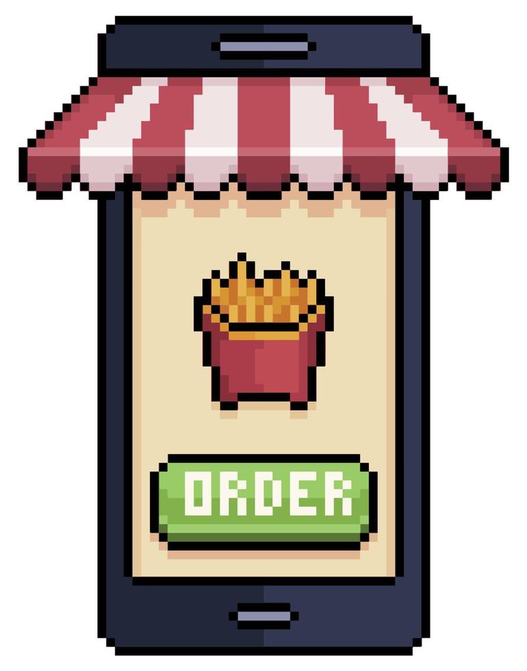 pixel art teléfono móvil pidiendo papas fritas en el icono de vector de aplicación de alimentos para juego de 8 bits sobre fondo blanco