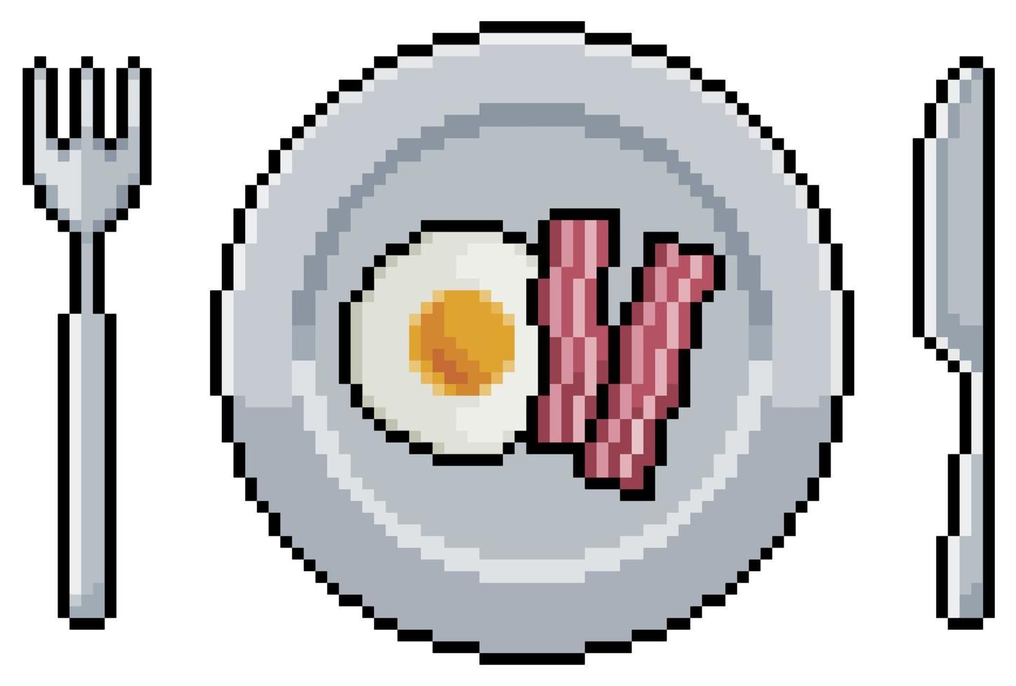 placa de arte de píxeles con huevos fritos e icono de vector de tocino para juego de 8 bits sobre fondo blanco